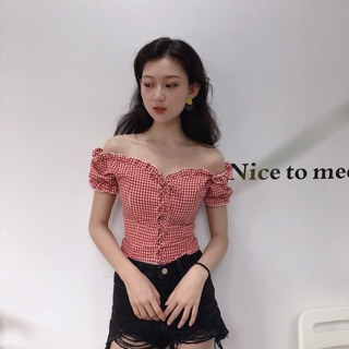 Áo trễ vai kẻ caro