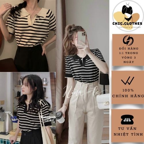 Áo Kẻ Cộc Tay Cổ Bẻ Nữ ♥️ FREE SHIP ♥️ Thun polo cổ V sọc ngang ĐEN TRẮNG dáng công sở lịch sự Ulzzang