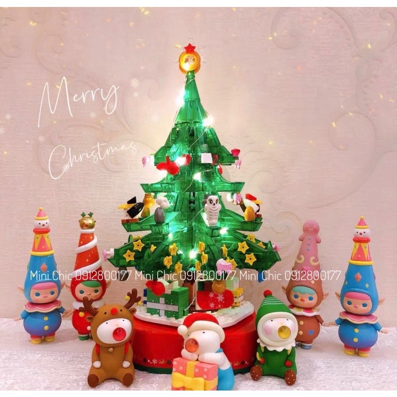Cây thông lego có đèn và nhạc, xoay khi vặn cót