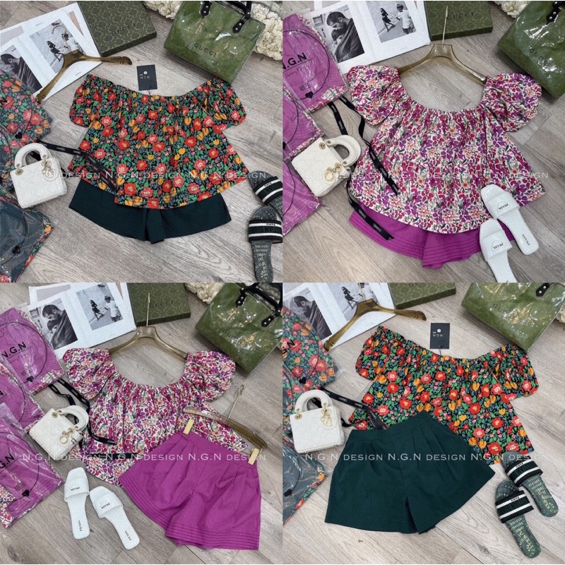 Set áo trễ vai hoa tím quần sooc siêu hot ( hàng sẵn)