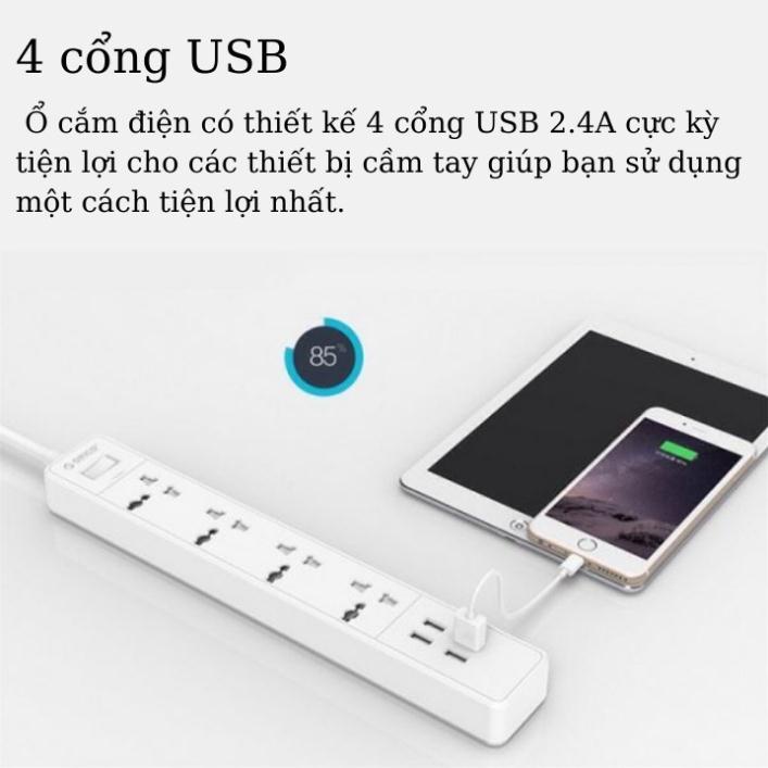 Ổ Cắm Điện Đa Năng Chống Sốc, Chống Giật đa năng ORICO, tích hợp 4 cổng USB 5v-2.4a