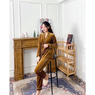 Set pijama vest nhung nâu tây