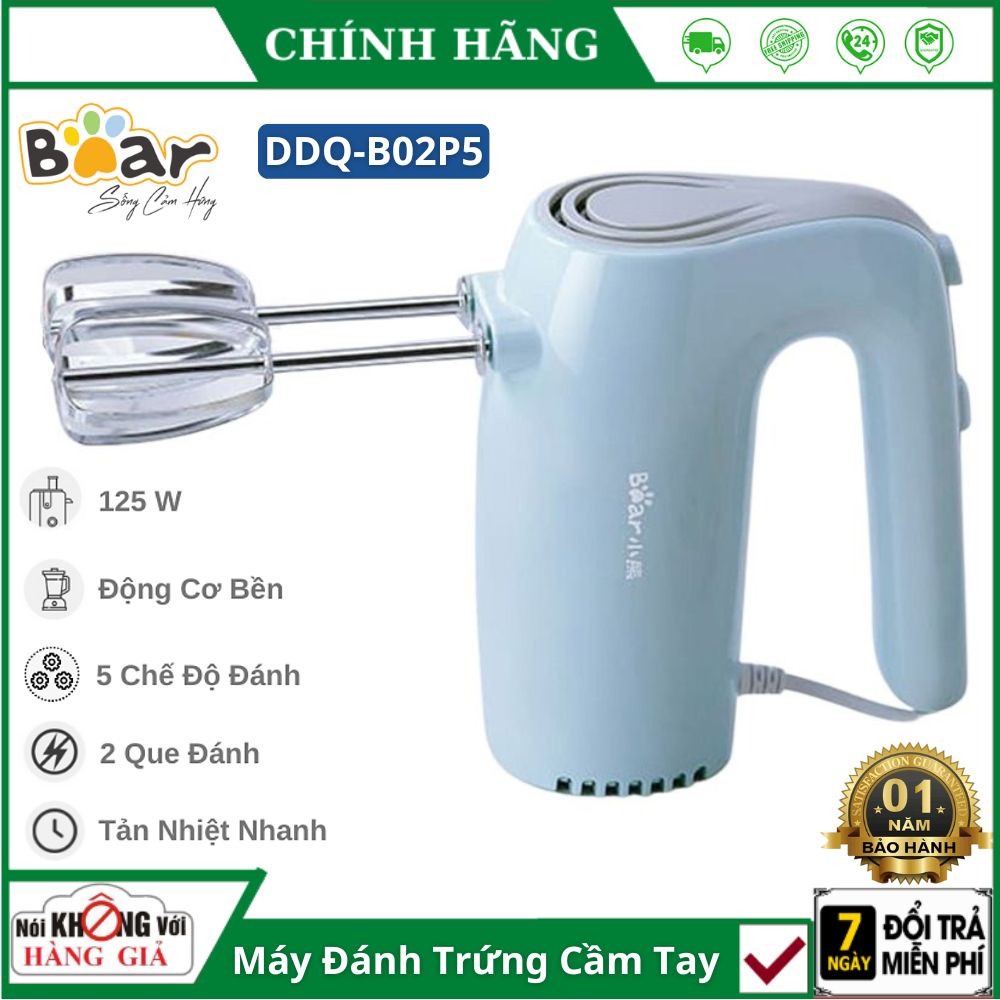 Máy Đánh Trứng, Kem Mini Cầm Tay Bear DDQ-B02P5 2 que inox không gỉ đa năng , công suất 125W , 5 chế độ khác nhau