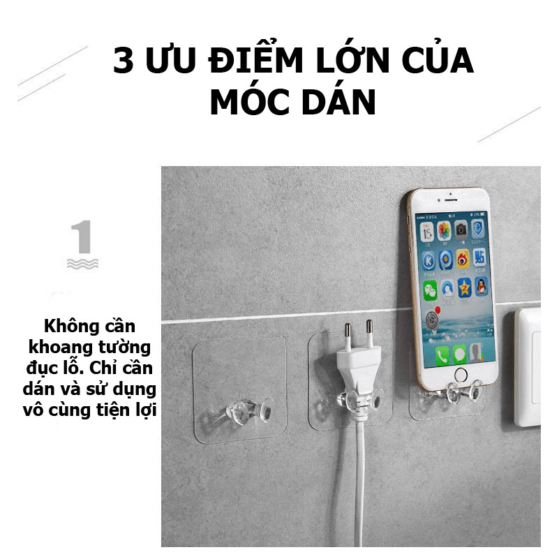 Móc treo tường giữ dây cắm điện, phích cắm điện gọn gàng loại trong suốt