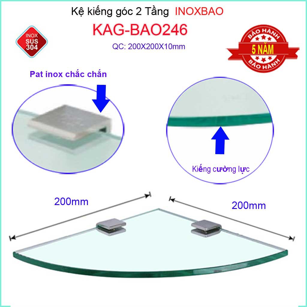 Kệ kính góc 2 tầng nhà tắm 20x20cm KAG-BAO246, kệ kiếng phòng tắm Inox Bảo không rào dễ vệ sinh thiết kế đẹp