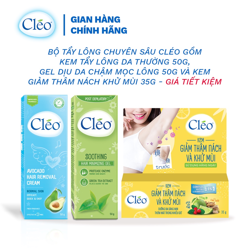 Bộ Tẩy lông nách chuyên sâu Cleo gồm kem tẩy lông da thường 50g, gel dịu da 50g và kem giảm thâm nách khử mùi 35g