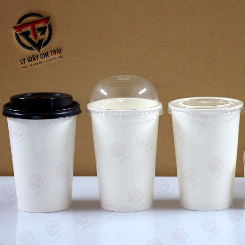 SET 100c Ly Giấy, Cốc Giấy 260gsm, 16oz-480ml Màu Trắng, siêu Dày 260gsm 2 lớp PE, cực kỳ chắc tay, nắp dính chặt.