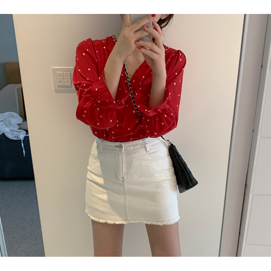 SUXI Áo sơ mi nữ vải chiffon tay dài cổ chữ V họa tiết trái tim thời trang phong cách Hàn Quốc