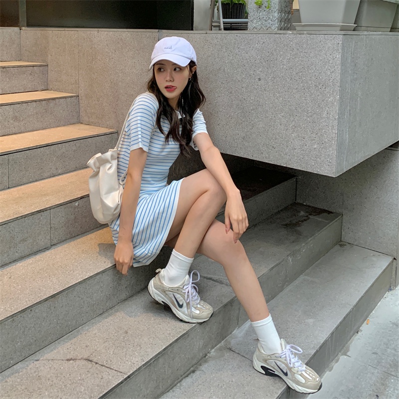 SUXI Đầm Dệt Kim Tay Ngắn Cổ Polo Dáng Ôm Họa Tiết Kẻ Sọc Phong Cách Pháp Thời Trang Cho Nữ