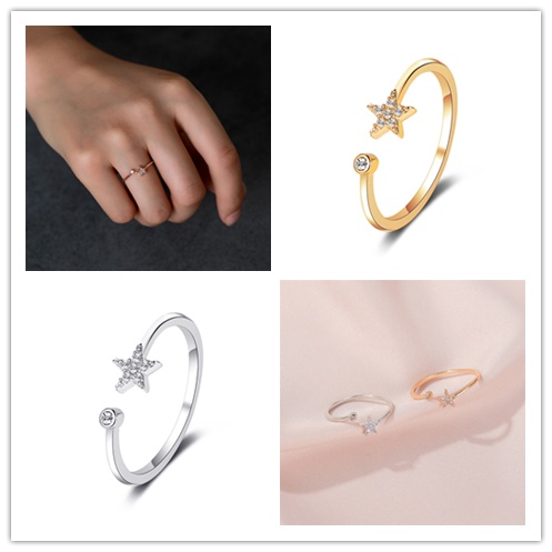 Nhẫn Hở Hình Ngôi Sao Năm Cánh Đính Kim Cương Nhân Tạo Có Thể Điều Chỉnh Kích Thước