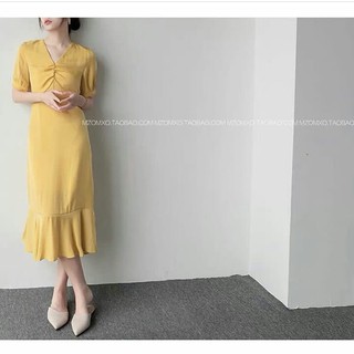 (Có sẵn+hình thật) Đầm maxi vàng đũi chất đẹp