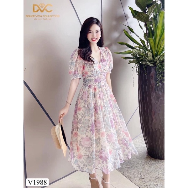 VÁY HOA XOÈ CỔ V - HÀNG THIẾT KẾ DVC