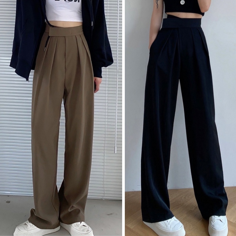 Quần dài SUXI lưng cao ống rộng màu đơn giản cho nữ