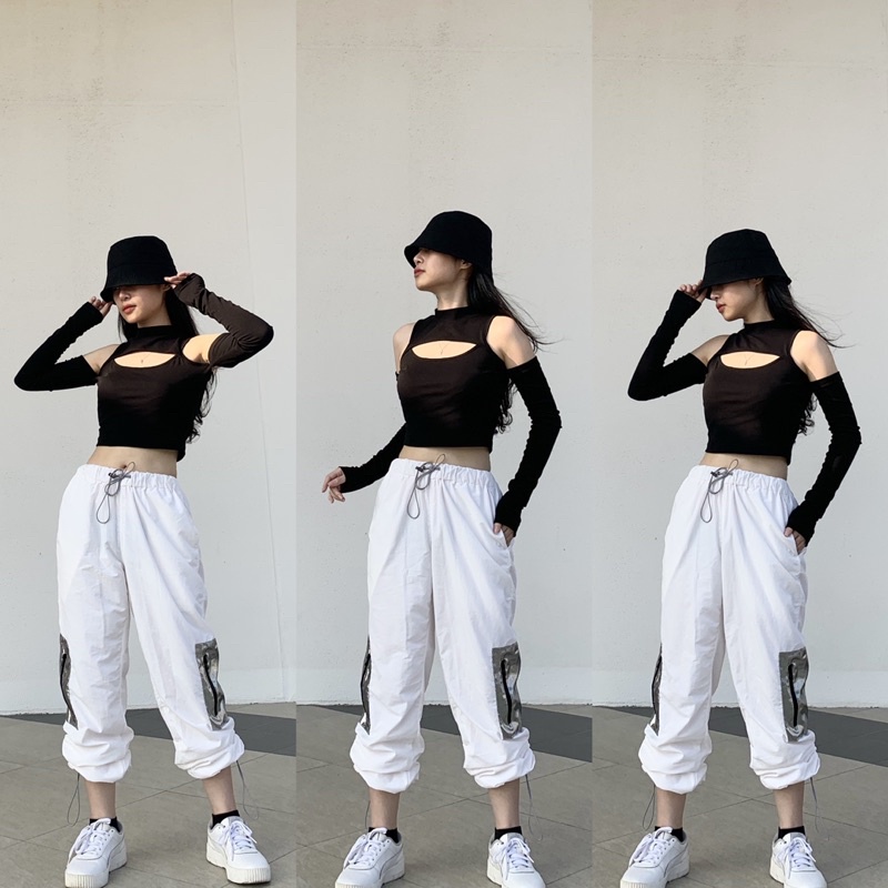 Áo Croptop Khoét Ngực Màu Đen Cá Tính, Ống Tay Dài Chất Borip Thun Ôm Body Freesize IRISVIEL