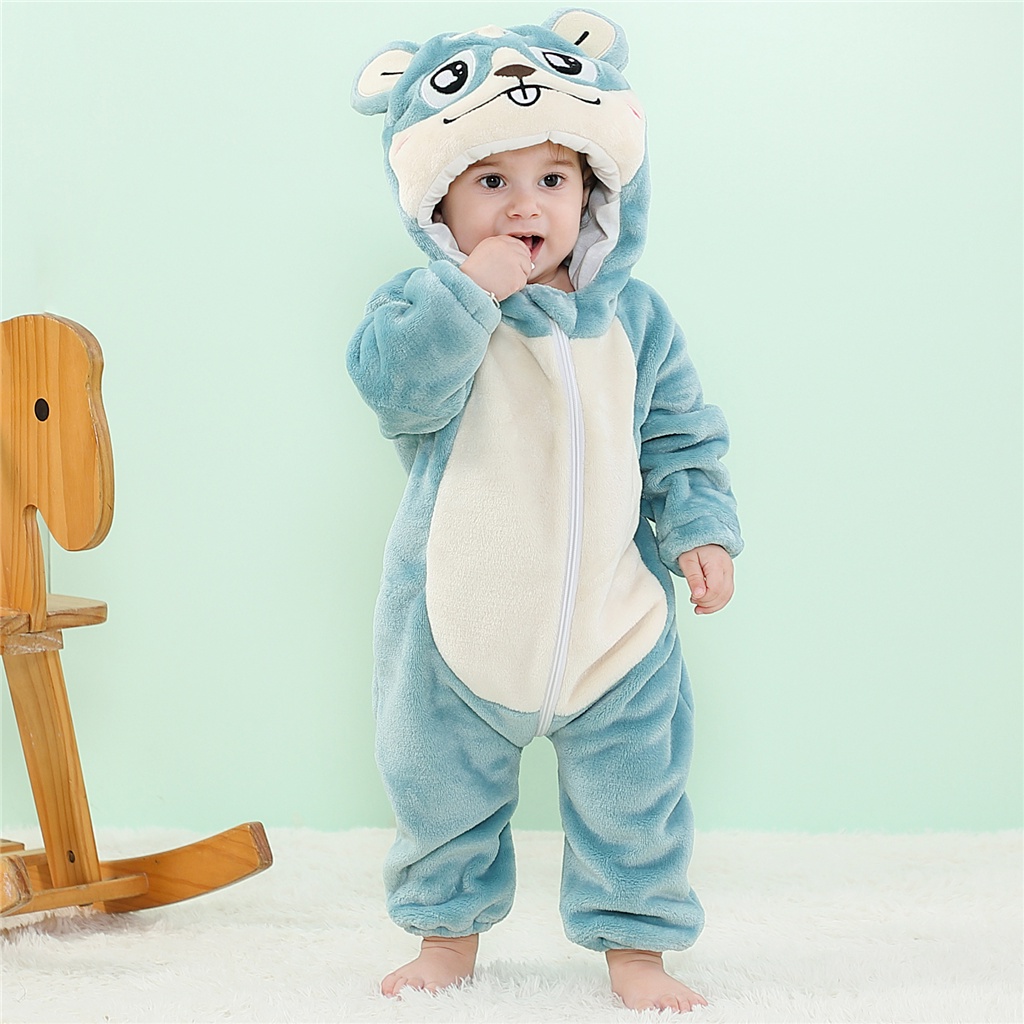 Bộ Áo Liền Quần Tay Dài In Hoạt Hình Khủng Long/ Mèo Dễ Thương Cho Bé Sơ Sinh