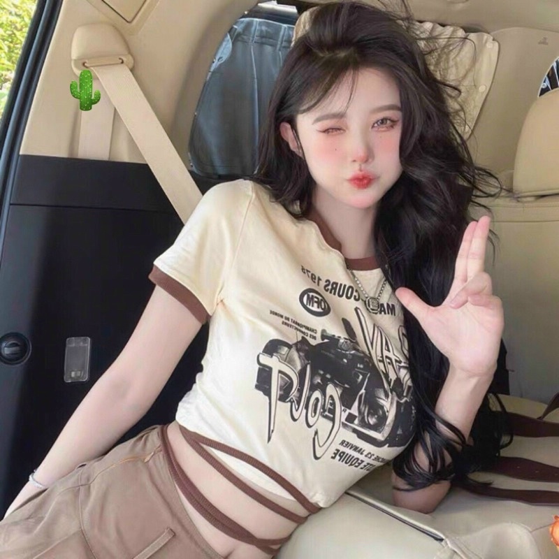 Áo kiểu croptop quấn eo nâu xinh H30