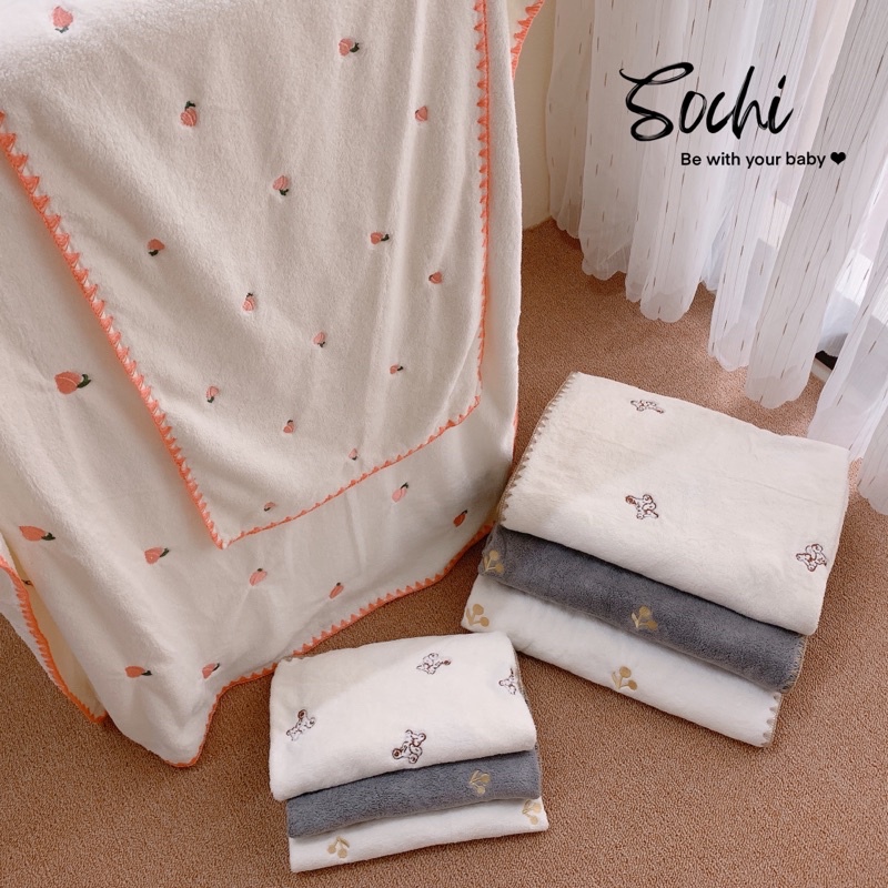 Set chăn, khăn tắm đa năng vải len san hô cao cấp cho bé
