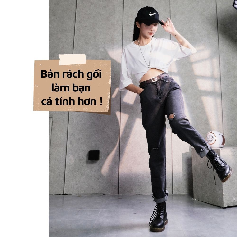 Quần Baggy Jean Nữ (Có Cả Bản Trơn Và Rách Gối) Cạp Cao Màu Đen Xám Khói Ôm Eo, Che Khuyết Điểm Thương Hiệu GUF | BigBuy360 - bigbuy360.vn
