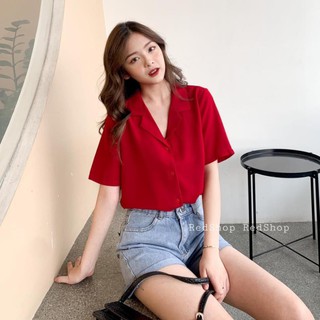 Áo Sơ Mi Kiểu Tay Ngắn, Áo Sơ Mi Nữ Màu Đỏ Hàng Thiết Kế Công Sở Chất Liệu Mềm Mịn Dễ Phối Đồ.