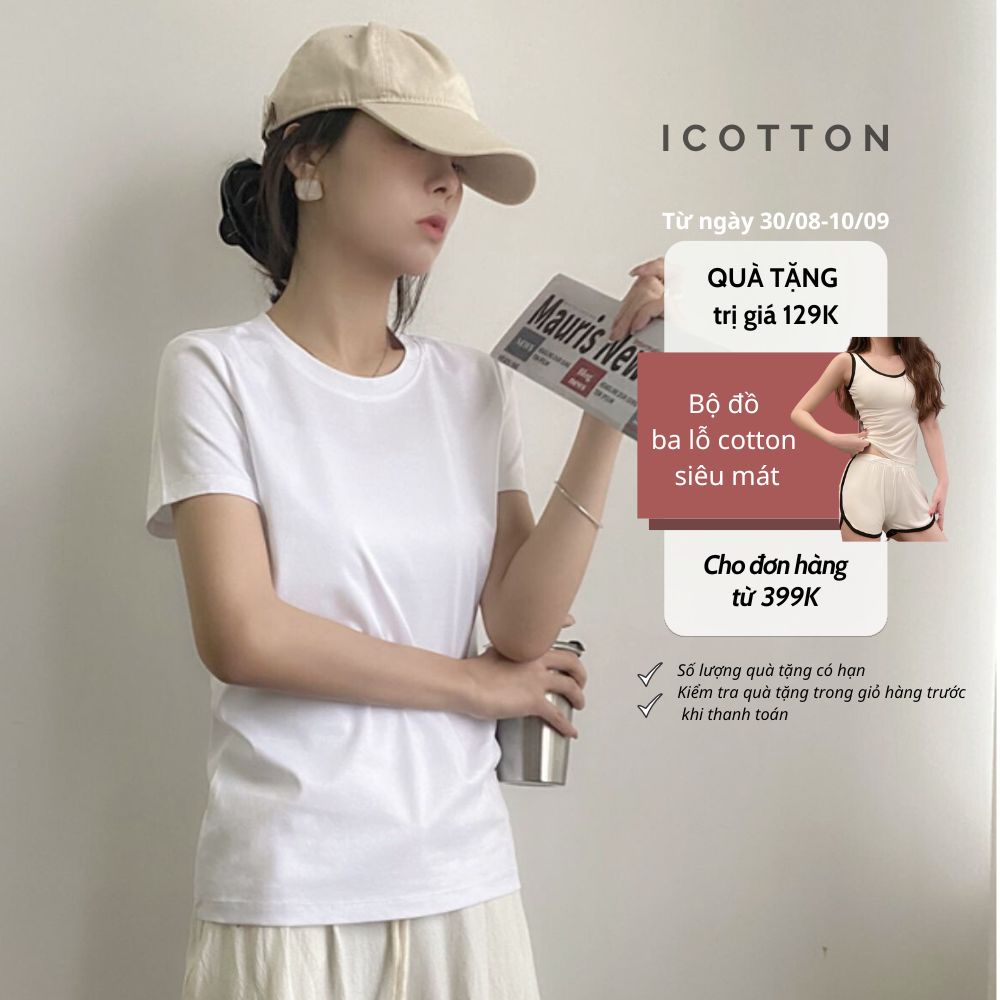 Áo thun nữ trơn cổ tròn form ôm iCotton áo phông dáng ôm body nhiều màu cotton 100%