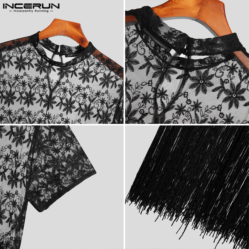 Áo thun INCERUN tay ngắn phối ren lưới nhìn xuyên qua thời trang mùa hè cho nam