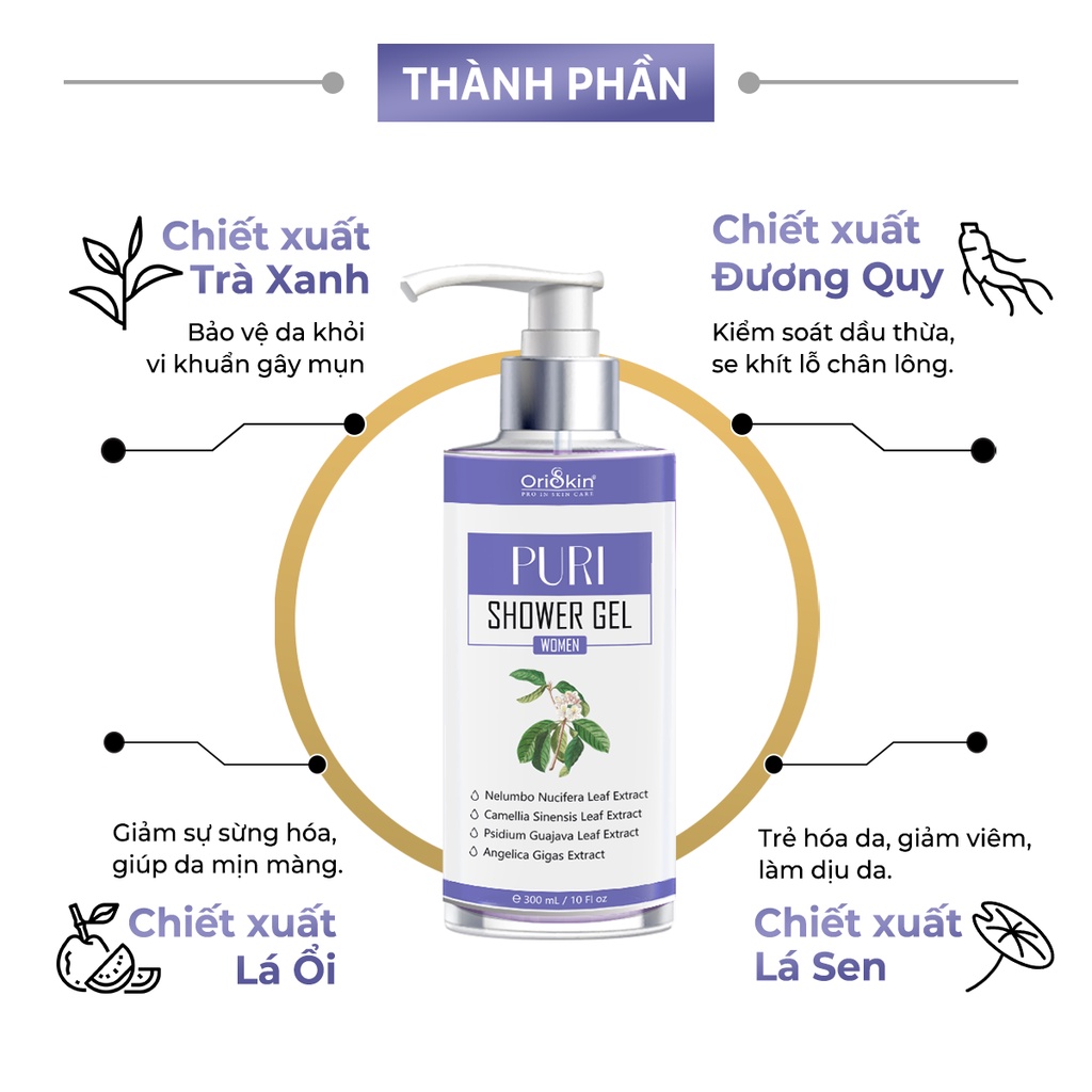 Oriskin Puri Shower Gel 300ml Sữa Tắm Hỗ Trợ Ngăn Ngừa Mụn, ViêmNang Lông, Làm Sạch Sâu Bụi Bẩn Nhờn Dành Cho Nữ