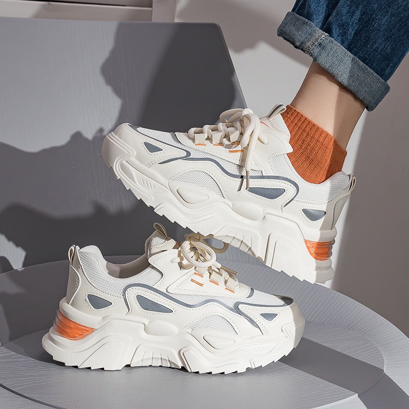 Giày thể thao nữ sneaker chất da phối vải thoáng khí độn đế 5 cm Mdo màu kem trắng