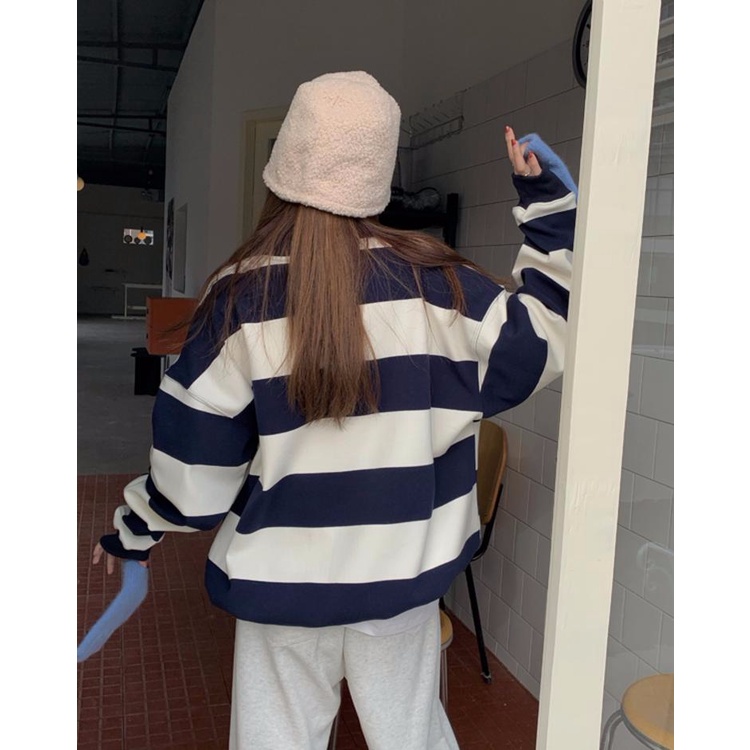 Áo Thun Polo Dáng Rộng Họa Tiết Kẻ Sọc Thêu Chữ Thời Trang Mùa Thu Mới Cho Nữ