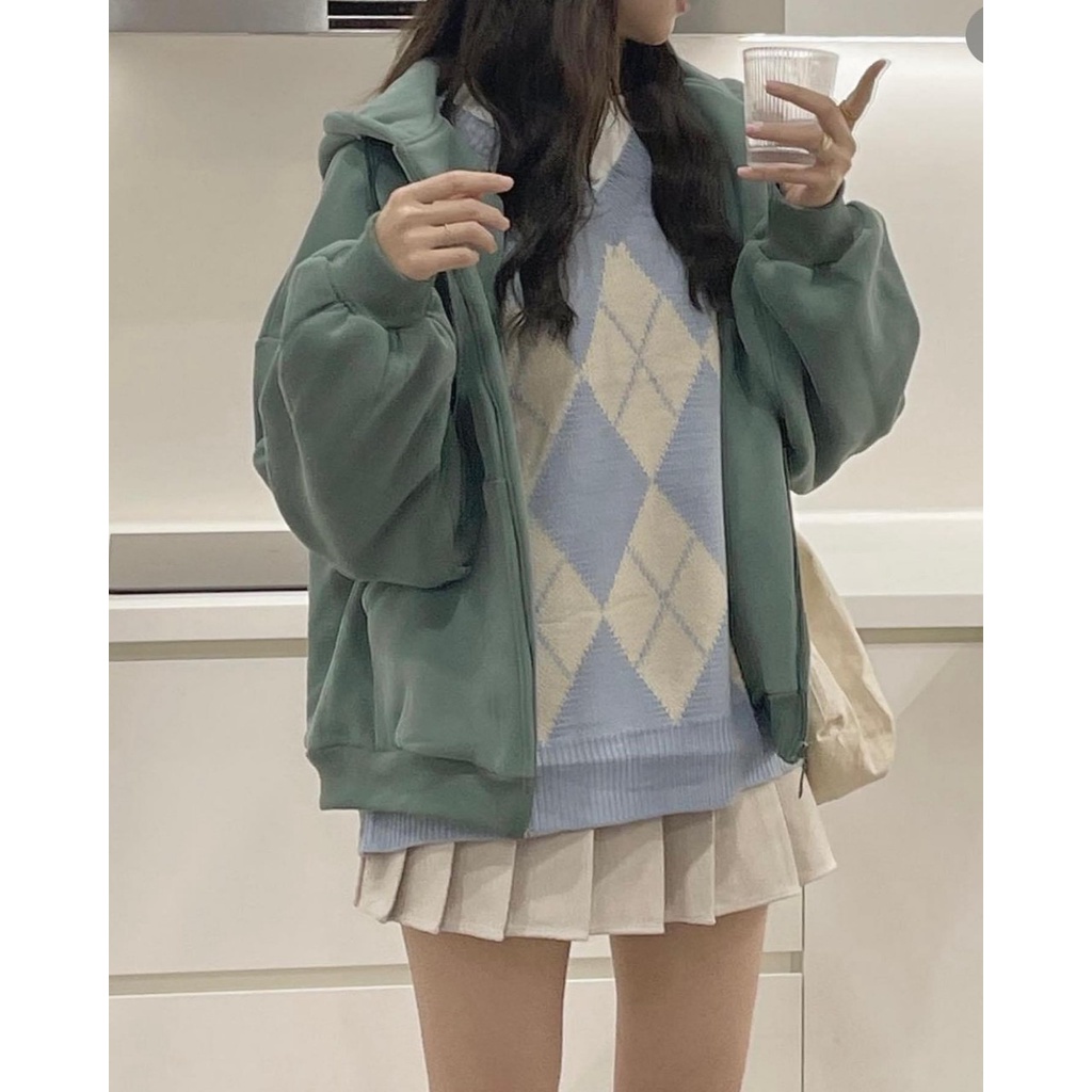 Áo Khoác Hoodie Trơn Lót Nỉ Siêu Ấm Dáng Rộng Unisex Thời Trang