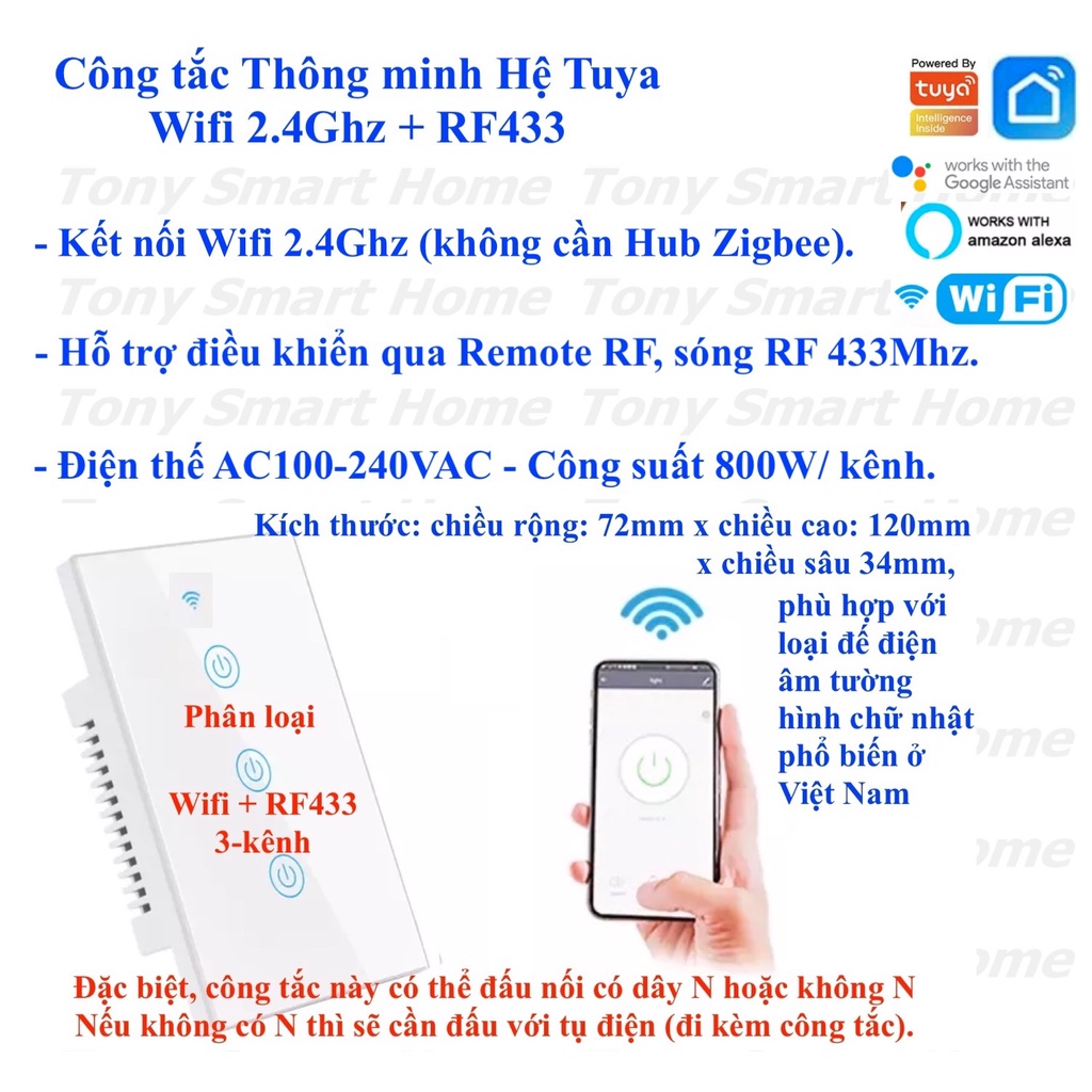 Công tắc thông minh hệ Tuya, Wifi + RF433, App Tuya/ Smart Life -