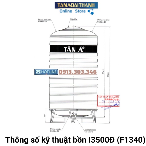 Bồn Nước Inox Tân Á 8 Cao cấp Đứng 3500L (F1340), bảo hành 15 năm, Tân Á Đại Thành online