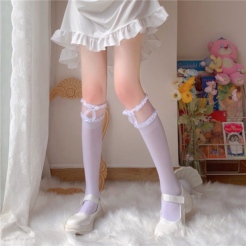 Đôi Vớ Dài Qua Gối Mềm Mại Phối Ren Đính Nơ Màu Trắng Đen Phong Cách Lolita Nhật Bản Cho Nữ