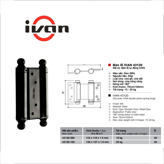 Bản lề cửa 2 chiều thép Ivan 1 bộ (2 cái) Loại A