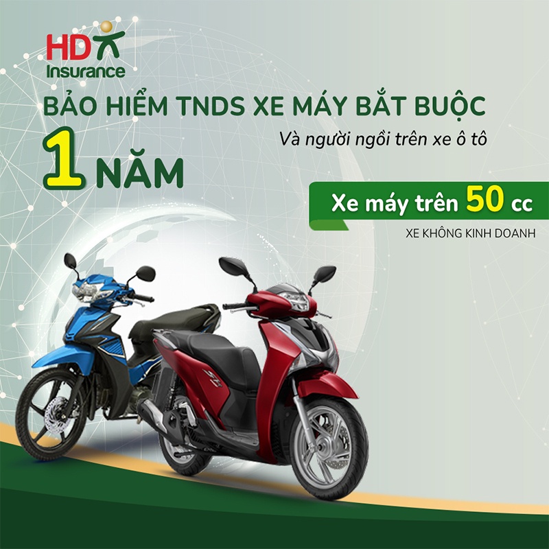 [E - Voucher] Bảo hiểm TNDS bắt buộc & Người ngồi trên xe máy trên 50cc HD Insurance - 1 năm