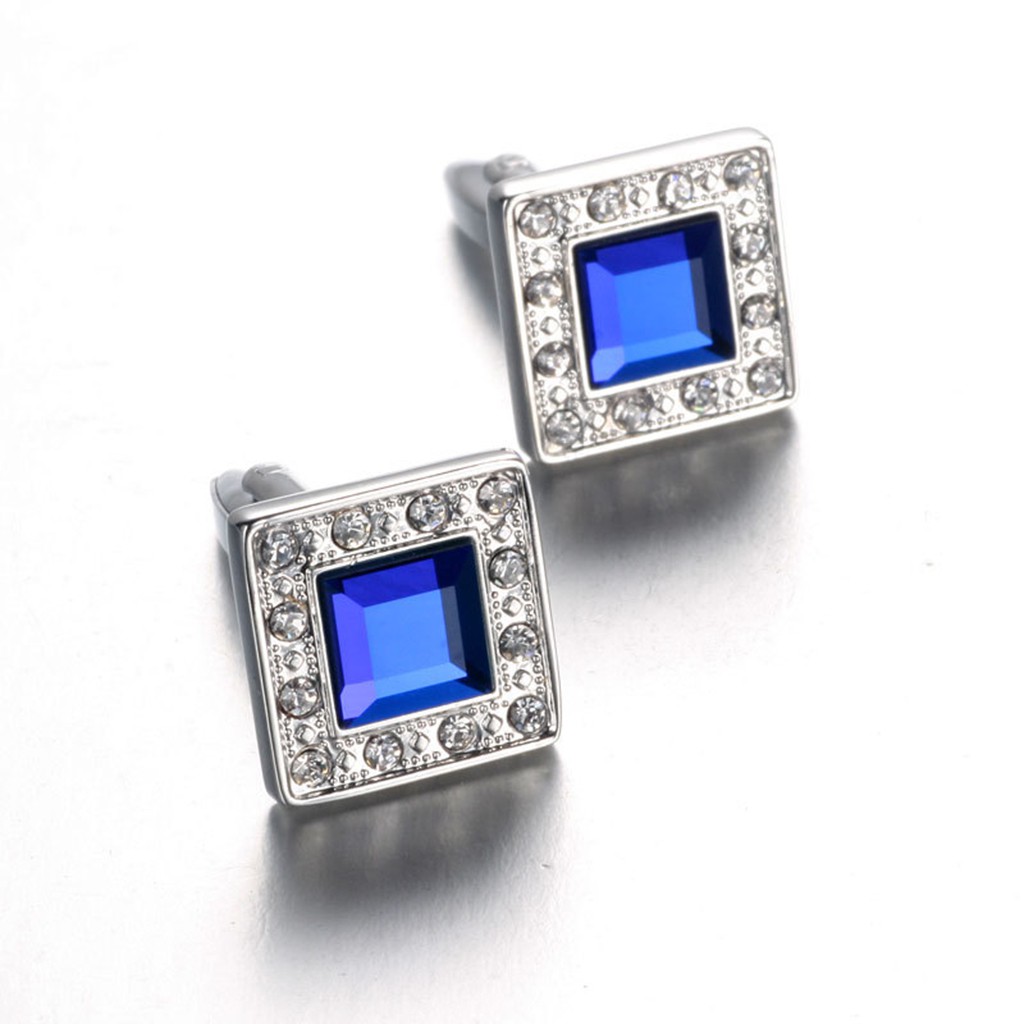 Blue Crystal Square Silver Cufflinks Luxury Vintage Wedding Mens Cuff Links