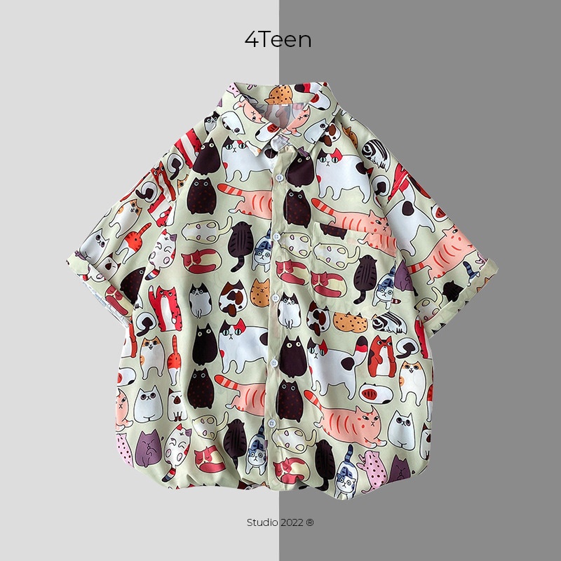 Áo sơ mi họa tiết mèo unisex 4Teen studio đi biển, thoáng mát, form rộng