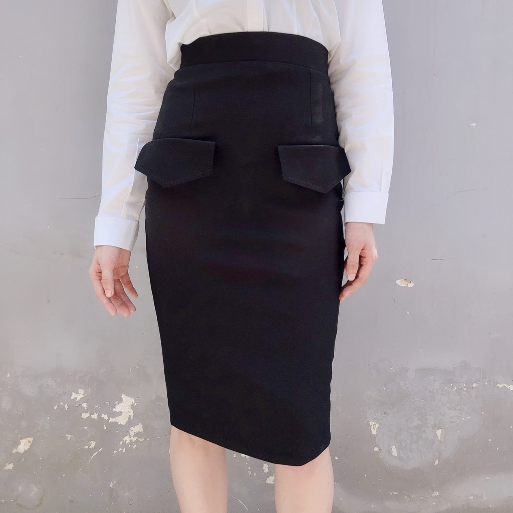Chân váy công sở dài bigsize phối nắp túi màu đen dài 63cm [size từ 48-85kg] | BigBuy360 - bigbuy360.vn