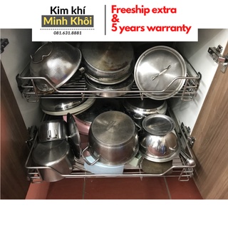 Giá để xoong nồi 2 tầng bằng Inox kèm ray trượt inox 304 có khay hứng nước tiện dụng
