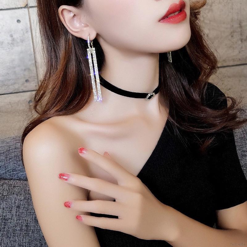 Đôi bông tai dài hình chữ nhật nạm đá