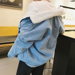 Áo khoác Denim lót lông cừu dày dặn thời trang mùa thu cho nam giới