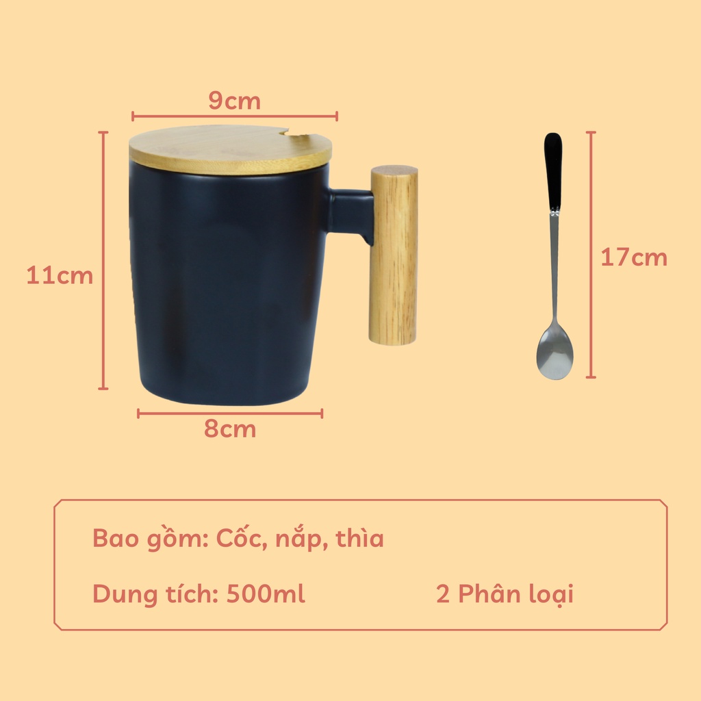 Cốc sứ uống cafe cao cấp tráng men trắng đen chuôi gỗ 500ml có nắp và thìa