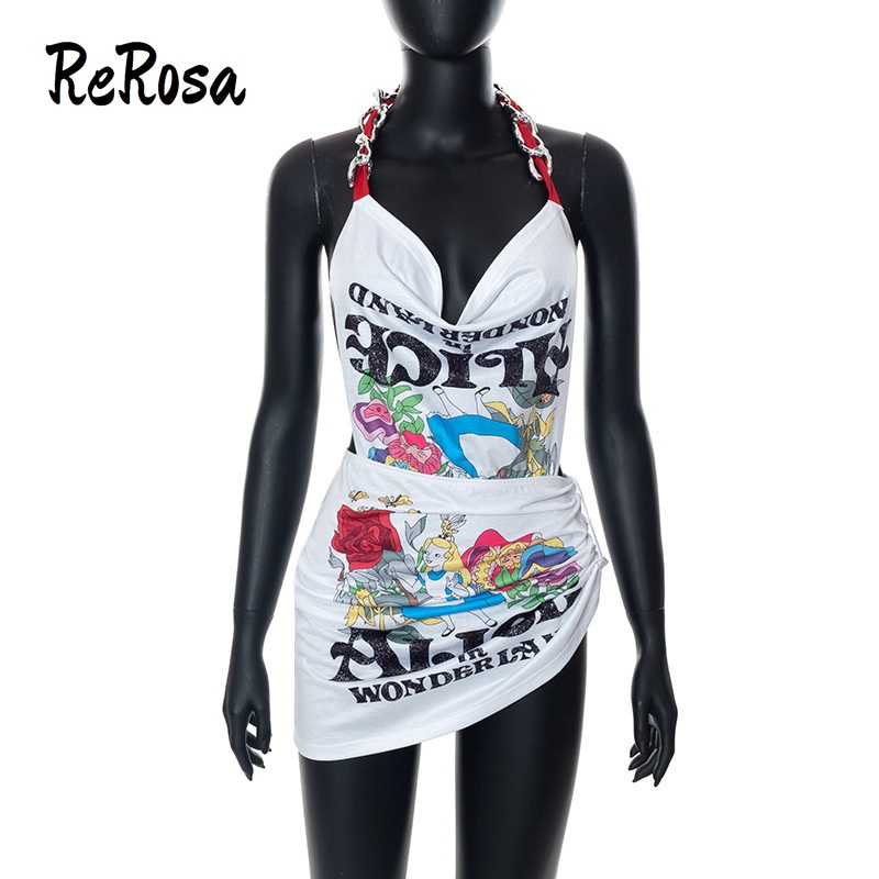 Rerosa Đầm Dây In Họa Tiết Phối Dây Xích Thời Trang Cho Nữ