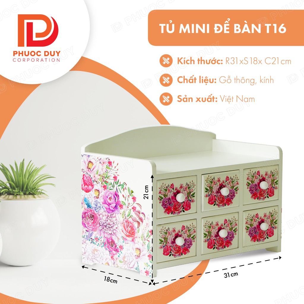 Tủ mini để bàn đa năng gỗ thông - Tủ nữ trang mỹ phẩm T16 họa tiết hoa - BH 12 tháng