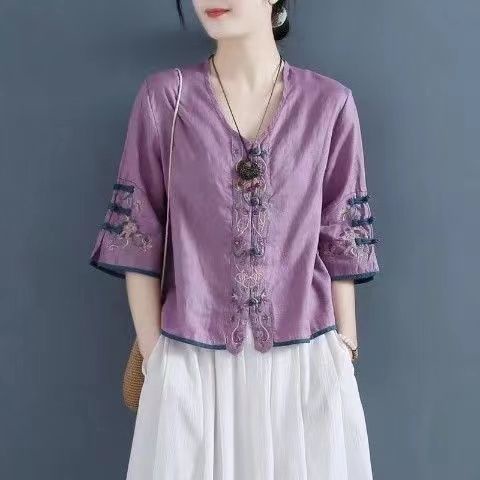 Áo Sơ Mi Cotton Lanh Dáng Rộng Cổ Chữ v Thêu Họa Tiết Phong Cách Trung Hoa 2021