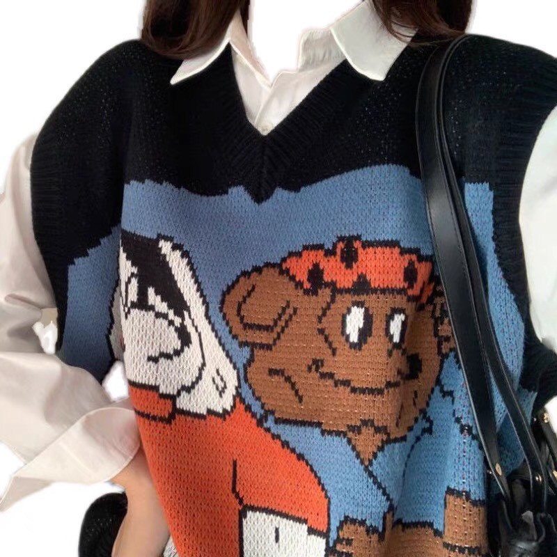 Áo gile len vintage họa tiết hoạt hình thanh lịch cá tính