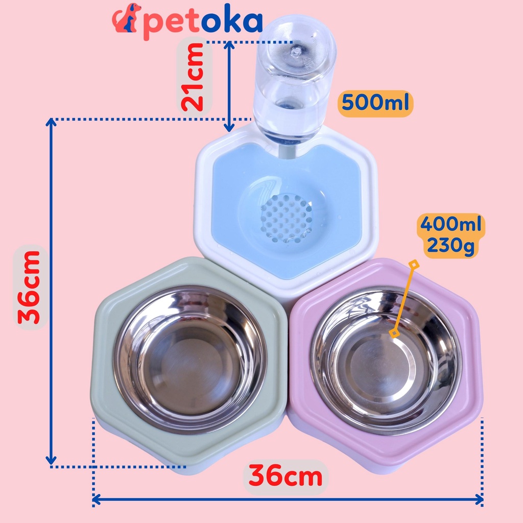 Bát cho chó mèo ăn, khay nước tự động lắp ghép thành bộ cho thú cưng kèm bình 500ml Petoka