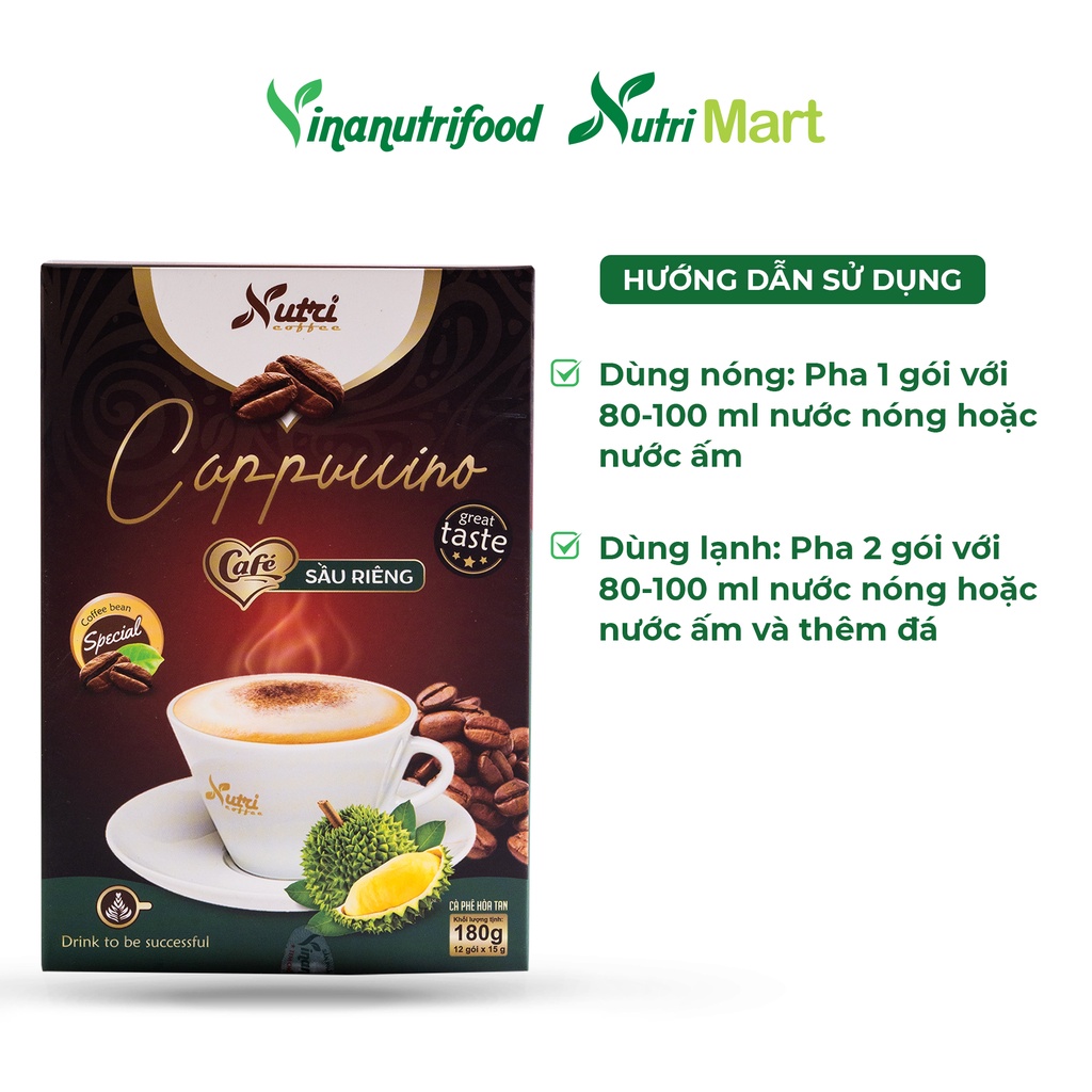 Cà phê capuchino sầu riêng Vinanutrifood C02, hương vị sầu riêng đặc trưng, giúp giải tỏa căng thẳng (15g x 12 gói)