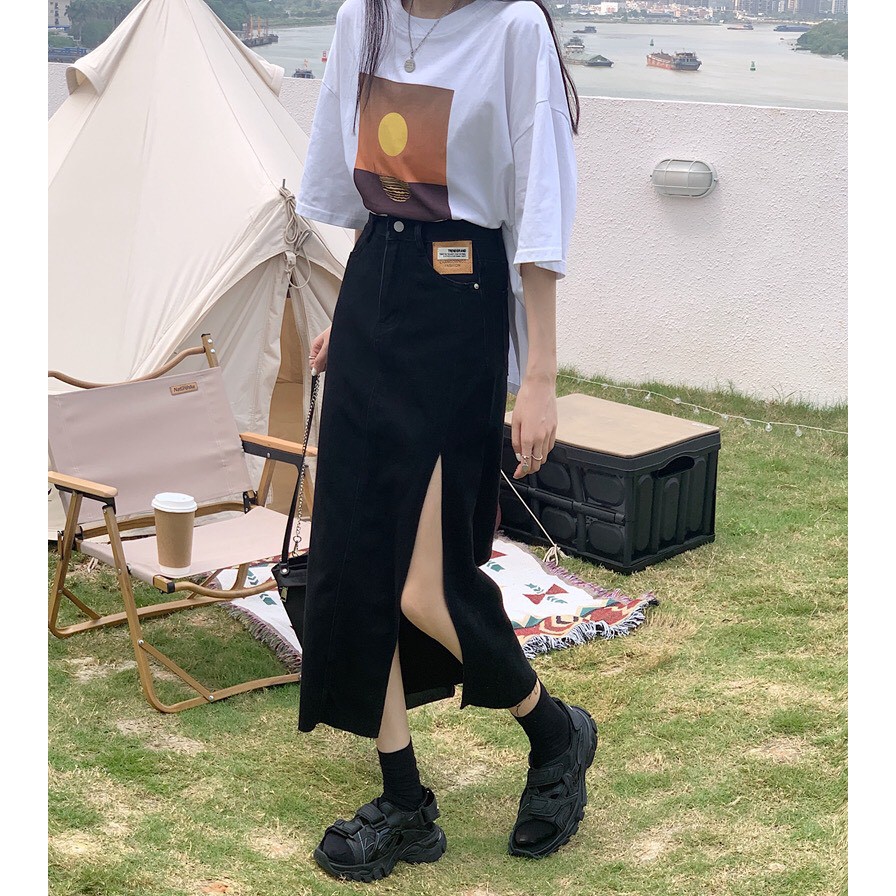 Chân váy Jean cạp cao xẻ tà 2021