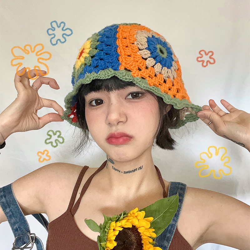 Mũ bucket Dệt Kim Hoạ Tiết Hoa Xinh Xắn Cho Nữ