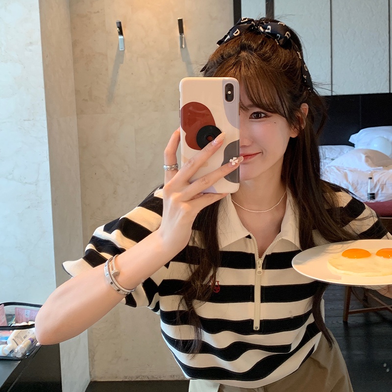 621937#Áo Thun polo Ngắn Tay Dáng Rộng Họa Tiết Kẻ Sọc Trắng Đen Thời Trang Mùa Hè Cho Nữ
